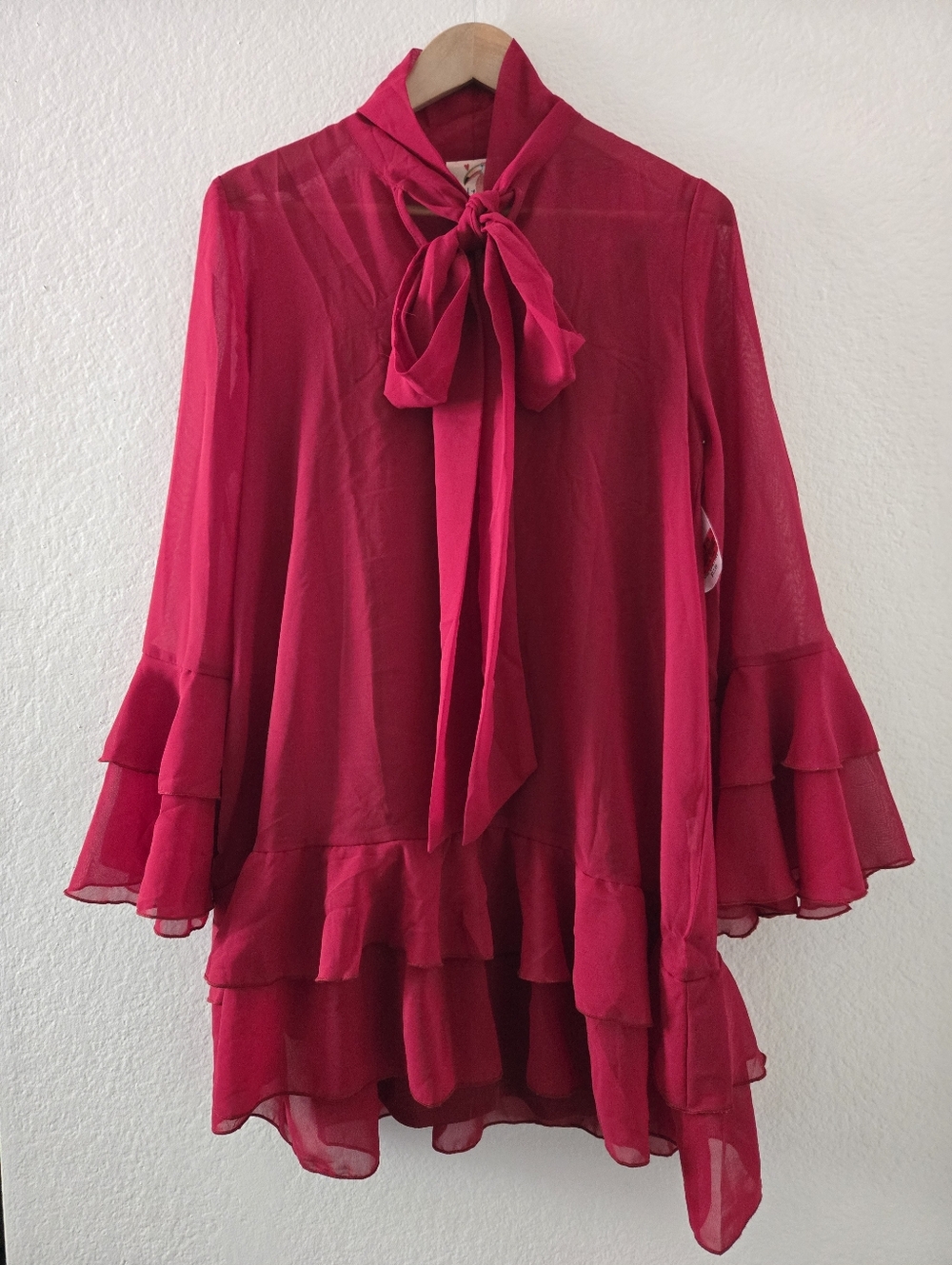 Truly 4 You Ruffled Tie-Neck Red Chiffon Long Sleeve Tiered Mini Dress